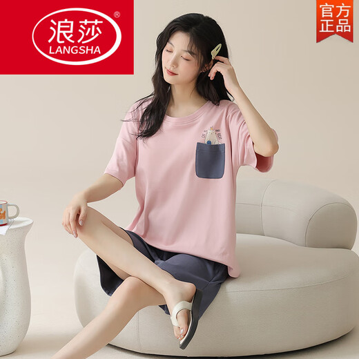 浪莎（LangSha）带胸垫一体纯棉睡衣女夏季短袖短裤韩版可爱甜美加大码家居服套装 带胸垫短-袖套-G1047 M 女【建议80-100斤】