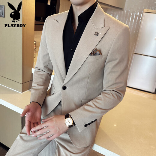 Playboy (PLAYBOY) lapel collar seven-color suit men's suit high-end business casual formal fit groom wedding suit three-piece light brown single-piece suit S (80-95Jin Jin equals 0.5 kg)