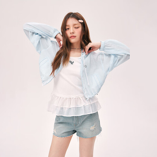 CHUU字母印花外套女2025夏季新品蕾丝边拼接遮阳透肤连帽长袖上衣 baby蓝 均码