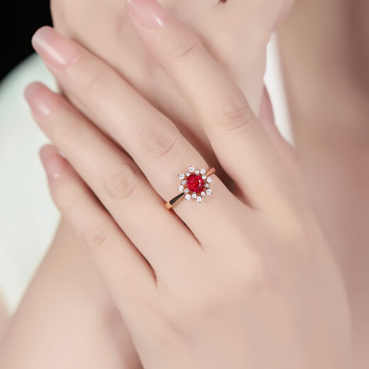 Tingliang 1 carat pigeon blood red ruby ring 18K gold inlaid with diamond colored gemstone ring snowflake style size message (10 to 20) ready stock