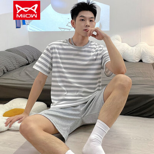 猫人（MiiOW）睡衣男夏季棉质短袖短裤青少年宽松家居服夏天薄款可外穿中年套装 H9928（短袖短裤） L （建议100-120斤）