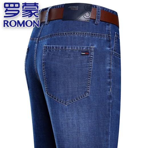 
ROMON genuine men's straight jeans men's spring and autumn trousers business casual pants high elastic straight wash pants deep blue 3882 style thin 35