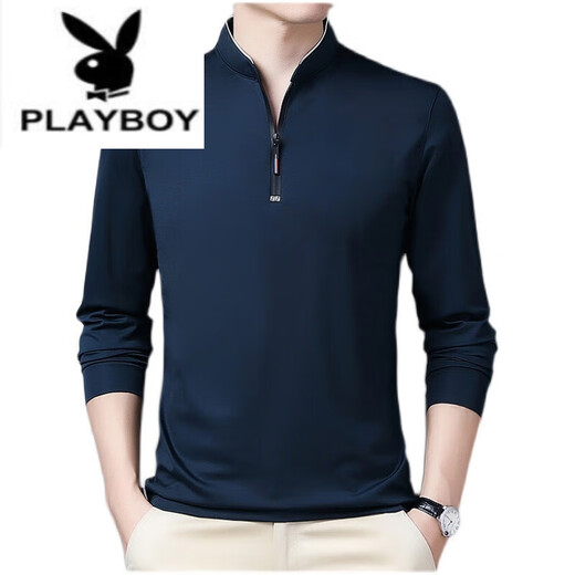 Playboy (PLAYBOY) pure cotton long-sleeved T-shirt men's casual thin T-shirt top summer spring autumn winter middle-aged men's stand-up collar bottoming long-sleeved 6625 dark blue thin section L 170 recommended 120-140 Jin Jin equals 0.5 kg