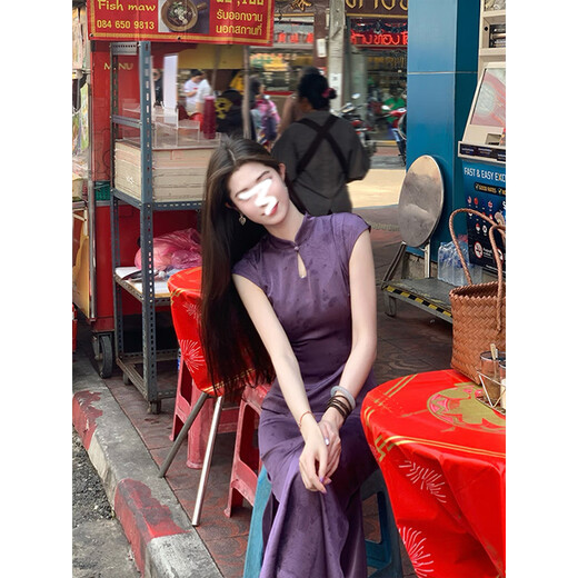 Jin Jin is equal to 0.5 kg. Mu Furong Purple Satin Improved Cheongsam Women's New Chinese Style National Style Whitening, Beautiful and Slim Temperament Long Dress M (80-95 Jin Jin is equal to 0.5 kg)