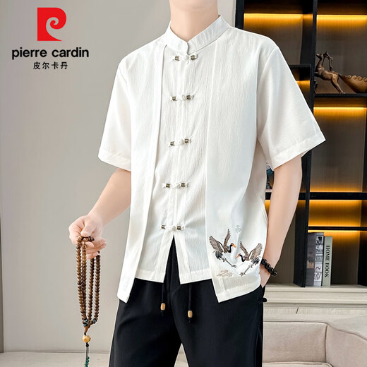 皮尔卡丹（pierre cardin）中国风短袖T恤套装男假两件国潮盘扣绣花棉麻两件一套新中式立领t 9885白色【上衣+裤子】 长袖款 M 110斤内