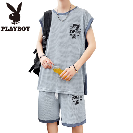 花花公子（PLAYBOY）冰丝无袖t恤男孩12-15岁青少年学生速干篮球服13大童背心运动套装 6636深灰(背心+短裤) 品质保证 2XL 140-160斤左右