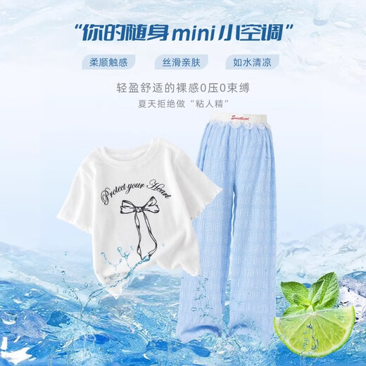 
NICKYBABY Girls Set Summer Thin Children 2025 New Fashionable Girls Big Children Summer Short Sleeve Wide Leg Pants Two-piece Set 15277 Blue Wide Leg Pants 170 cm