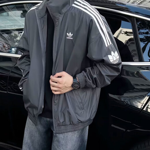 
ADIDAS Adidas Jacket Men and Women Three Stripe Sportswear Retro Loose Windproof Cardigan Three-Leaf Crock Stand-Link Jacket JI7533 Dark Gray M