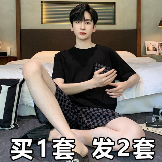 TTPMER pajamas men's summer short-sleeved thin style youth casual extra-large size 230 Jin [Jin equals 0.5 kg] fat student home clothing set 378 black diamond + 6630# Run Xiaoxin 170 Student M[80-100 Jin[Jin equals 0.5 kg]]