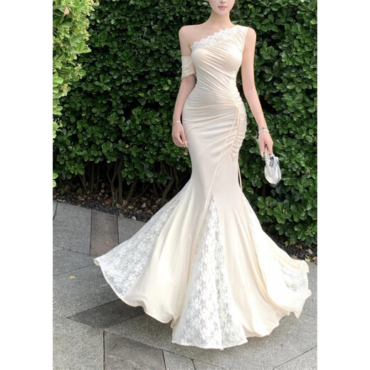 YIOU adult dress evening dress hot girl oblique shoulder lace splicing slim smocked hip-hugging fishtail dress long floor-length apricot M
