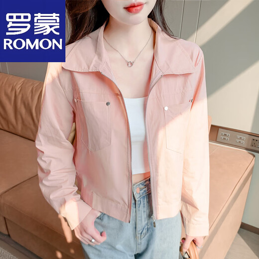 罗蒙（ROMON）2025春夏季新款短款宽松百搭轻薄外套开衫防晒上衣夹克长袖防晒衫 粉红色 S 【建议80-100斤】