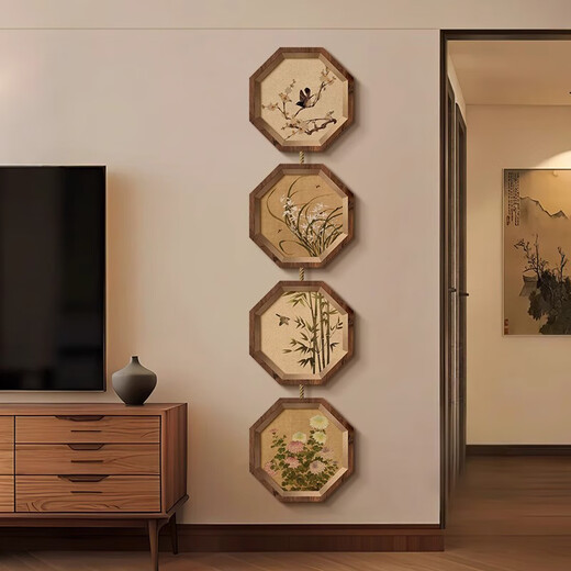 Yujianer Song Dynasty Aesthetic TV Background Wall Painting High-end Porch Decorative Painting Living Room Entrance Door Combination Mural A-Plum, Orchid, Bamboo and Chrysanthemum 30*30/30*30/30*30/30*30cm Creative Art (UV Carving + Crystal Porcelain Craft + Hemp Rope)