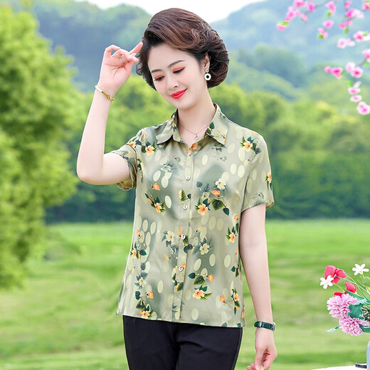 Goldlion轻奢中老年冰丝短袖衬衫女夏季薄款宽松休闲衬衣妈妈奶奶印花睡裙 6623红色 XL 90-105斤