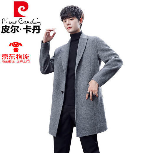 Pierre cardin high-end double-sided wool woolen coat for men's mid-length 100% pure wool woolen coat Korean style windbreaker winter 2034 light gray (100% pure wool) XL 155-175Jin [Jin equals 0.5 kg]