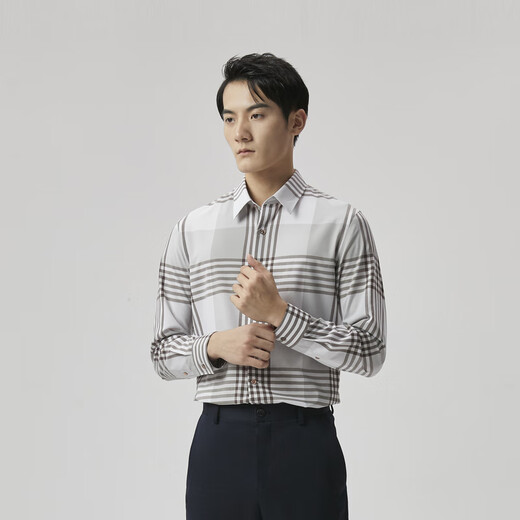 劲霸男装休闲简约格纹春秋男士长袖休闲衬衫男|BCCT1502 啡黄 S