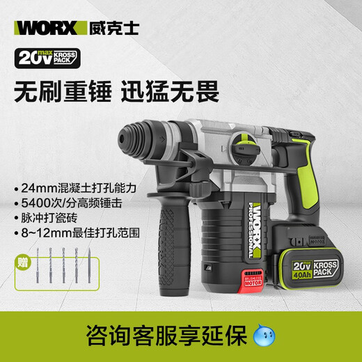 威克士（WORX）威克士20V锂电无刷电锤WU388充电式大功率工业级多功能冲击钻电镐 WU3884.0双电+快充