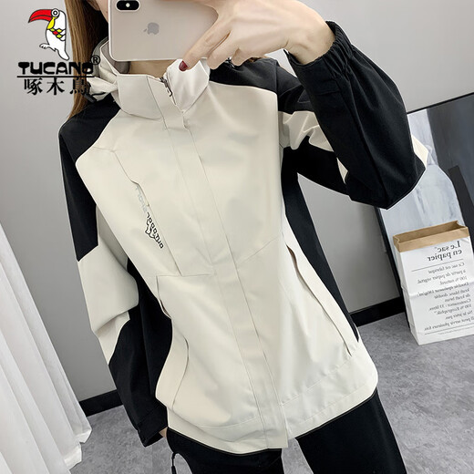 啄木鸟（TUCANO）冲锋衣外套女2025新款春秋季防风防水单层透气登山服休闲时尚风衣 女款-两件套-象牙白 XL