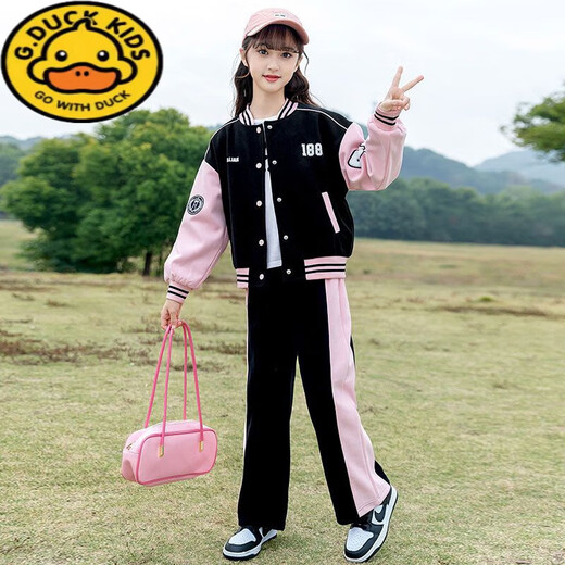 G.DuckKids Girls Baseball Costume printemps 2025 Nouveau style collégial Style Mid-Garning Children's Fashionable Spring and Automne Sportswear Two-Piece Set BQ1396 Black Two-Piece Set 150 taille recommandée environ 140