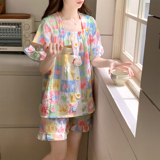 西忘2025新款睡衣女款夏季云朵棉带胸垫短袖甜美爱心可外穿家居服套装 9903-4 爱心 可拆卸胸垫 M