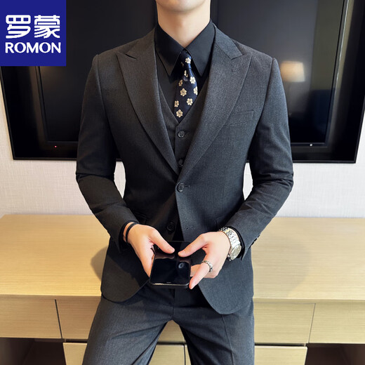 ROMON wide collar peak lapel suit business formal three-piece suit double slit wedding groom suit men's slim dark gray suit + vest + trousers two buttons L