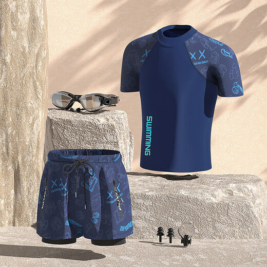 MDUG men's swimsuit complete equipment 2025 new style boys adult youth swimming trunks swimming cap swimming goggles blue swimsuit swimming trunks + swimming goggles + nose clip earplugs L (recommended weight 95-115Jin Jin equals 0.5 kg)