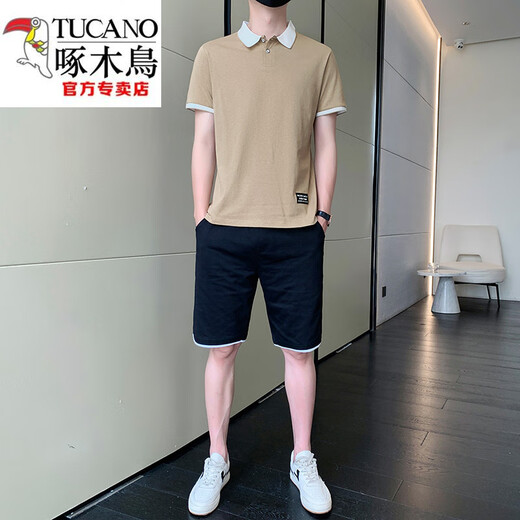 啄木鸟（TUCANO）休闲套装男士夏季短袖t恤polo衫短裤冰丝潮牌棉质帅气百搭上衣服 黑色9863（一套） XL