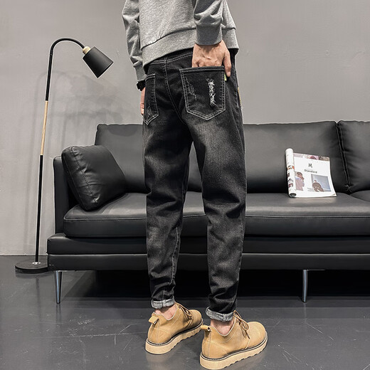 Fat Donglai Men's Ripped Jeans Summer Fashion Brand Slim Feet 2025 New Summer 6636 Black. 31