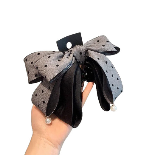 New Korean style gray polka dot bow hairpin with elegant ponytail hair accessory showing hair volume hairpin headgear 1 gray polka dot ponytail clip 4cm bottom clip
