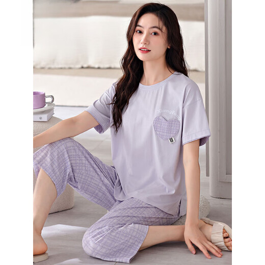 Xia Wa.zhi.Show Pyjamas für Frauen im Sommer 2025 Neue kurze Baumwoll-Kurzärmel-Hosen für Sommerdünn losen Heimkleidung für Frauen 9902 m (geeignet für 80-100 Jin [Jin gleich 0,5 kg]))