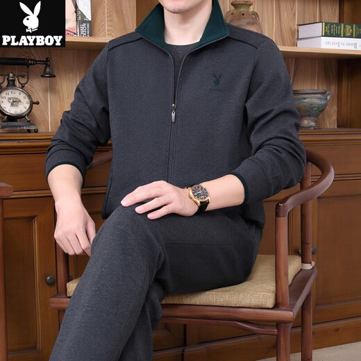花花公子运动套装中老年男士三件套2025春秋季新款跑步服爸爸装运动外套 3937-灰色【三件套】 XL(建议120-140斤左右)