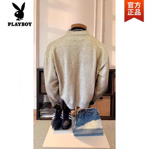Playboy (PLAYBOY) Gray American Henley Collar Knitted Sweater Men's Long Sleeve Lazy Style Cleanfit Bottoming Sweater Jacket Light Gray High Quality 2XL