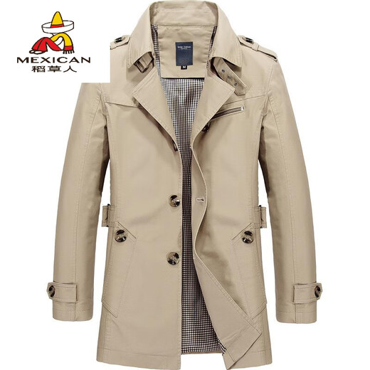 Scarecrow spring and autumn men's windbreaker mid-length lapel short jacket coat coat large size cloak thin slim fit light khaki 4XL