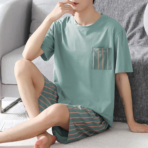 莫代尔男士睡衣2025新款夏季薄款风度大码男款短袖棉绸夏天家居服可外穿 MDE3519绿衣图标棉绸短袖短裤 L 建议100-130斤
