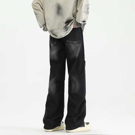MONPOC American jeans men's spring, autumn and winter retro trendy loose straight casual pants MON02 black gray 2XL