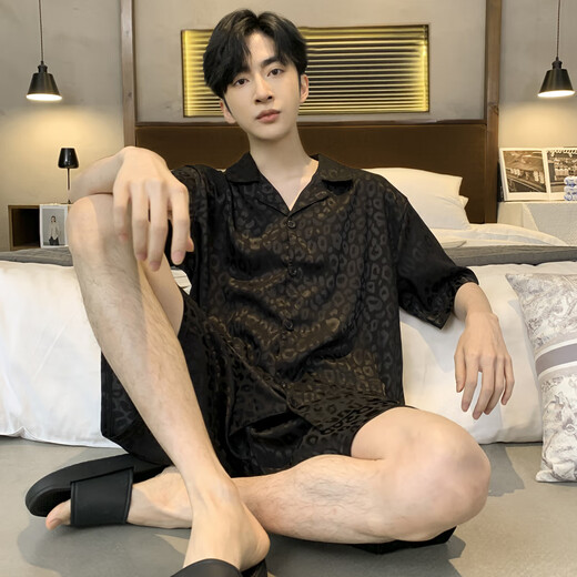 
Catman MiiOW pajamas men summer ice silk short sleeve thin summer black simulated silk summer style can be worn outside home clothing suit [ice silk] S1381 men L