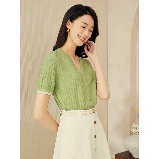 Jiner (Yiner) [Seidenserie] 2025 Sommer Neues französisches französisches V-Ausschnitt Top strukturierter Wollgestricke Pullover Lime Yellow S