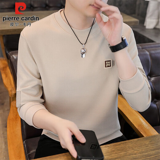 Pierre Cardin sweatshirt men's spring, autumn and winter round neck pullover trendy brand versatile long-sleeved T-shirt trendy tops apricot XL