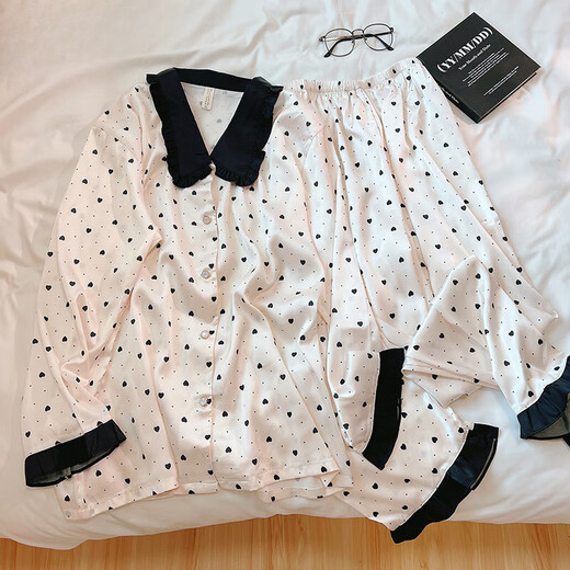 Mobeihai French Pyjamas Frauen langärmelige Eisseidenquelle und Herbst Dünne Heimkleidung 2025 Neue Temperamenthose Anzug B693 Schwarzer Welpe L Größe 100-120jin [Jin ist 0,5 kg]
