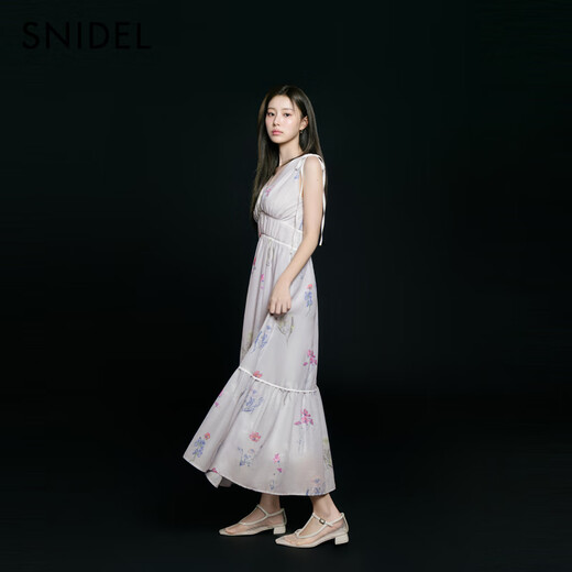 SNIDEL [Same Model in Celebrity] 2025 Autumn and Winter New V-neck Sleeveless Lace-up Waist Printed Dress SWFO254120 Gray S (0)