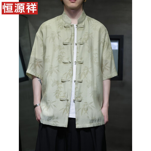 恒源祥夏季轻薄款短袖衬衫新中式古风盘扣唐装男装中国风竹叶上衣中山装 CS9898黑色 M