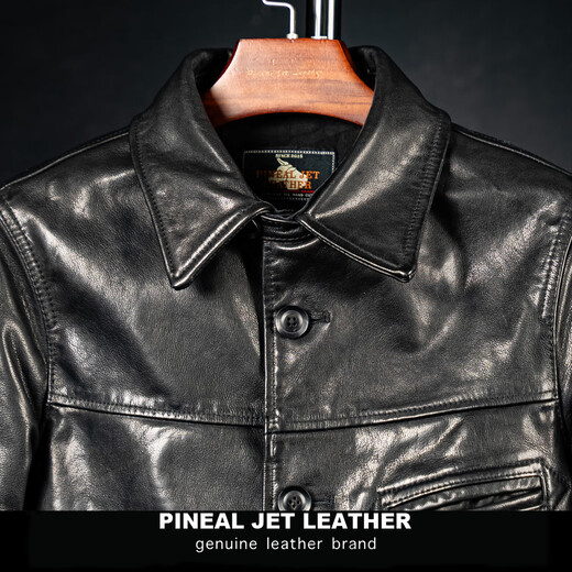 PJL new men's cowhide retro casual mid-length classic lapel cowhide brakeman black M (130Jin Jin is equal to less than 0.5kg)