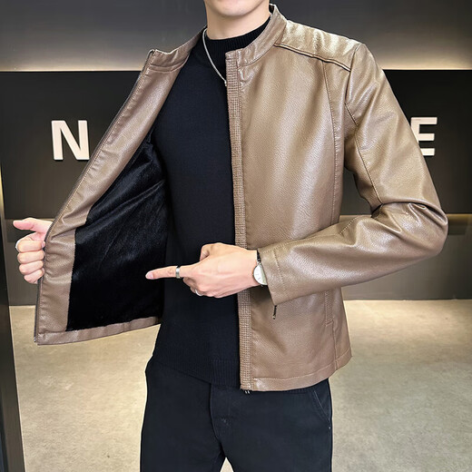 High-end stand-up collar leather jacket for men in autumn and winter new fashion casual black leather jacket velvet thickened versatile jacket khaki XL