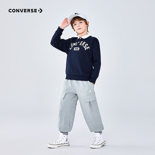 Converse Converse long-sleeved polo shirt for boys and girls 2025 new autumn retro printed children's loose and breathable top Navy blue 130/64 Recommended height 116-122cm