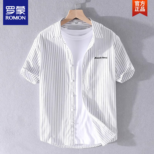罗蒙（ROMON）男士条纹衬衫短袖宽松夏季薄款日系休闲百搭纯棉衬衣夏装衣服 9740白色 L 115斤左右