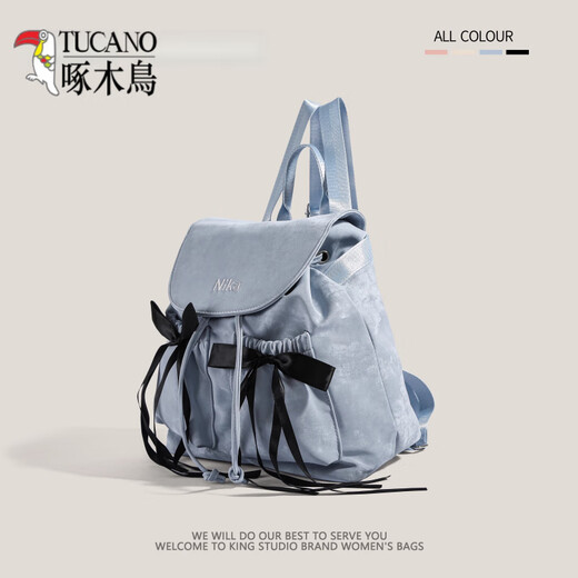 Woodpecker (TUCANO) nylon canvas bow backpack for women 2025 new trend Korean niche backpack large capacity commuting travel bag light blue