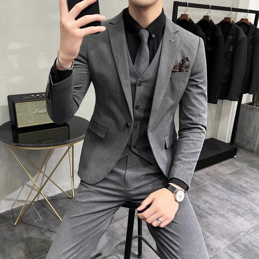 
CEO Yageo groom suit men's three-piece set British casual business suit men's dress slim professional suit 9889# double button medium gray (suit + trousers) L