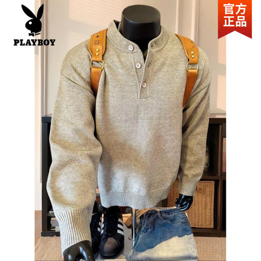 Playboy (PLAYBOY) Gray American Henley Collar Knitted Sweater Men's Long Sleeve Lazy Style Cleanfit Bottoming Sweater Jacket Light Gray High Quality 2XL