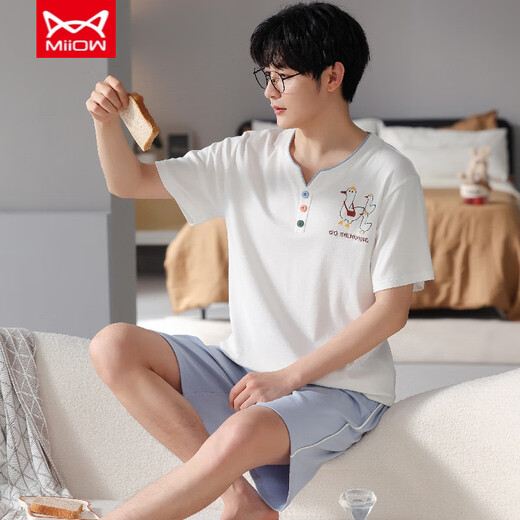 
Catman (MiiOW) men's pajamas summer pure cotton thin round neck short sleeves youth loose casual simple striped shorts home clothing FA#6627 L Recommended 100-125 Jin [Jin equals 0.5 kg]
