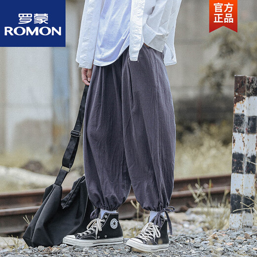 罗蒙（ROMON）胖子中国风复古阔腿裤男大码宽松休闲肥佬裤灯笼裤潮牌夏季束脚裤 深灰色 M