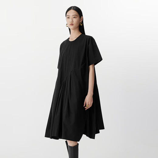 JNBY/江南布衣25夏新品连衣裙短袖宽松圆领优雅灵动5P4G13790 001/本黑 L
